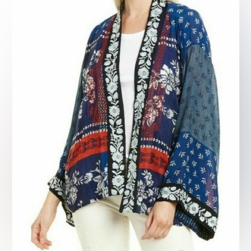 Johnny Was Esme Printed Embroidered Kimono Top Blue Red size XL